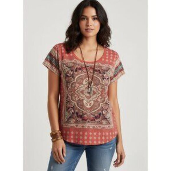 Lucky Brand Persian Carpet T-Shirt Size Small Boho Hippie Peasant Modest - Picture 1 of 5